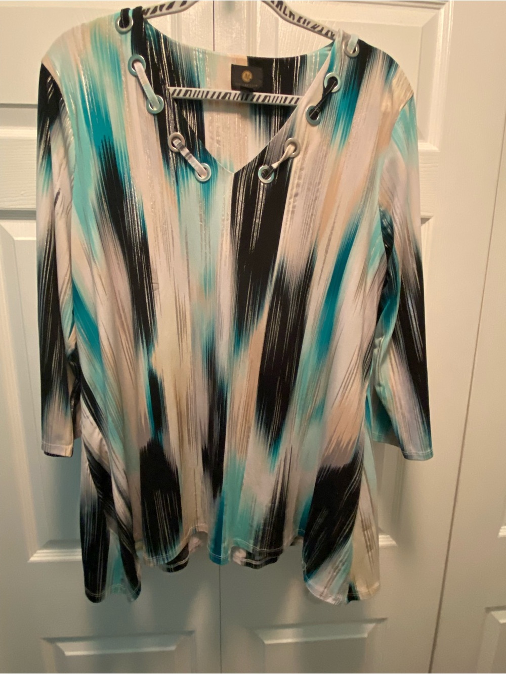 JM Collection Abstract Aqua,Teal,Black,White, Tan, Brushstrokes Art top Large